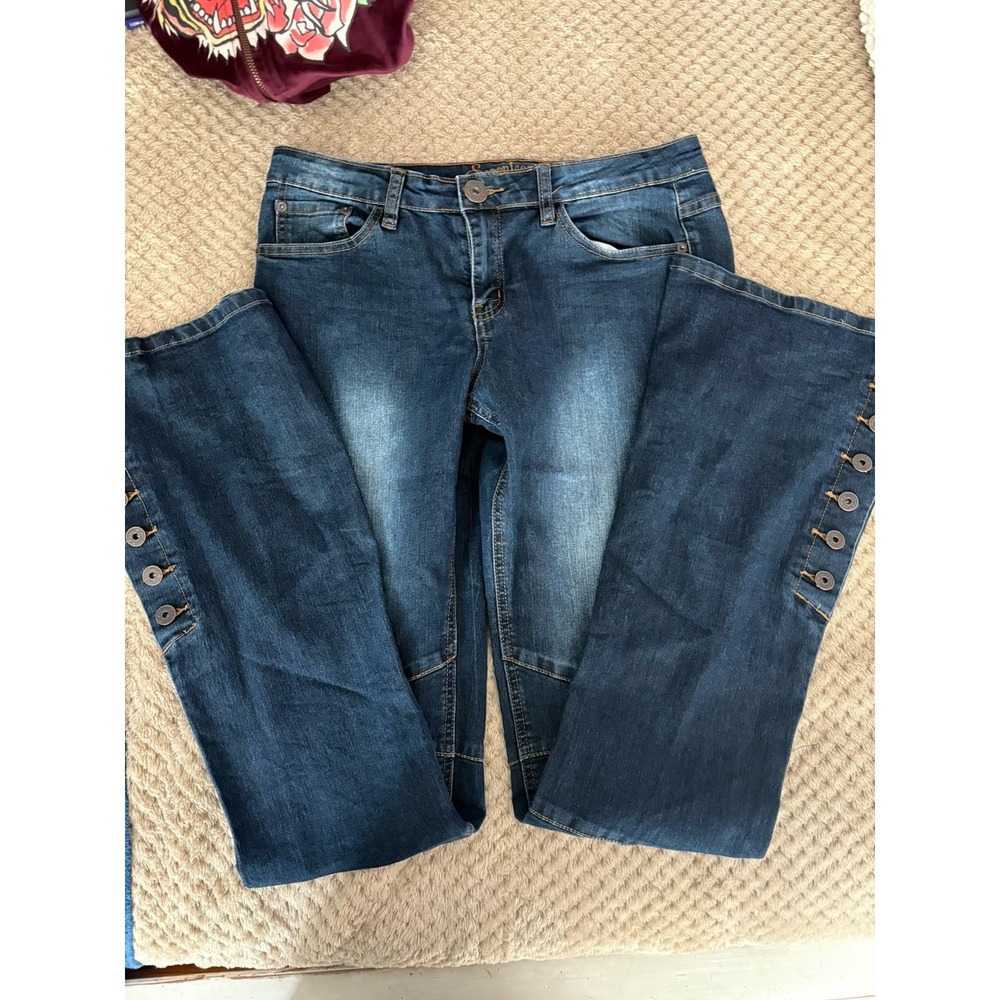 Spoon Jeans Button Side Moto Seamed Flared Denim Stretch Casual Size 9